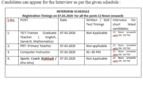 WALK IN INTERVIEW for appointment of teachers purely on Contractual basis for the session 2020-21
